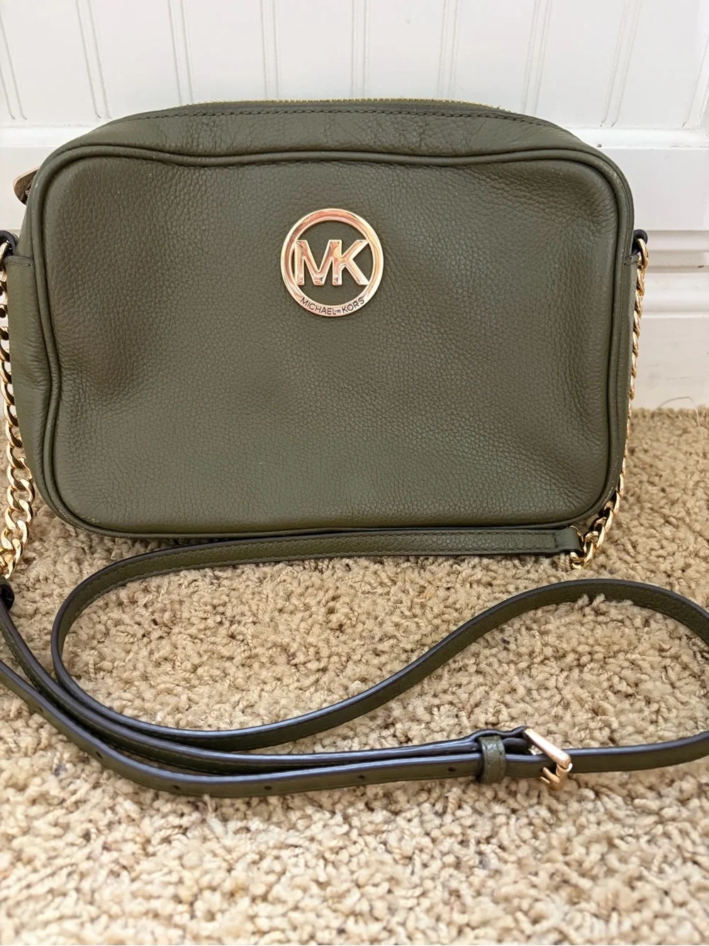 Michael Kors Olive Pebbled Leather Crossbody with Gold MK Emblem